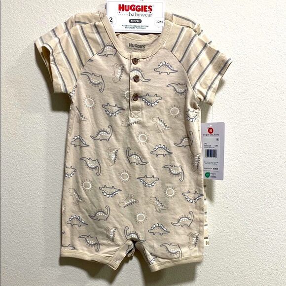 Huggies Babywear Organic Cotton Romper‎ Set 2-Pack Dinosaurs & Stripes 12M - Picture 3 of 10